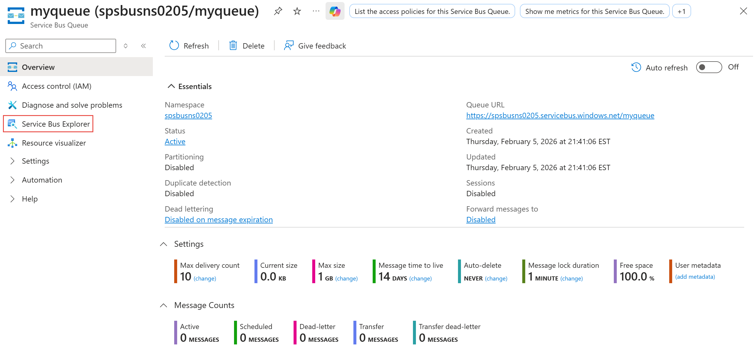 佇列頁面的螢幕擷取畫面,可供選取 Service Bus Explorer。