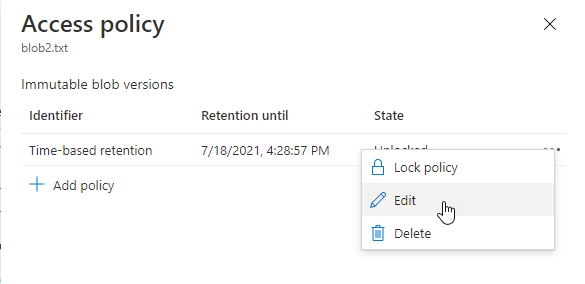 顯示如何在 Azure 入口網站 中編輯現有版本層級時間型保留原則的螢幕快照
