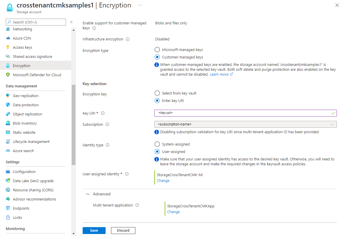 此螢幕擷取畫面顯示如何在 Azure 入口網站中為現有的儲存體帳戶設定跨租用戶的客戶自控金鑰。