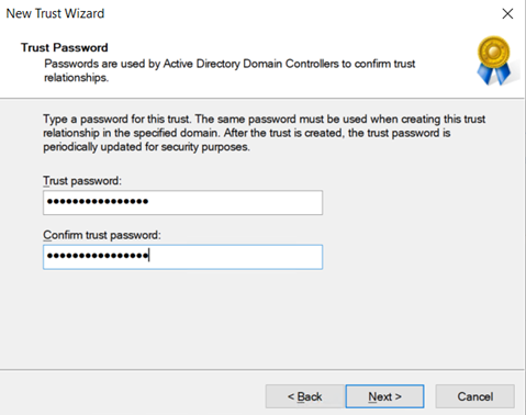 Active Directory 網域 和信任控制台的螢幕快照，其中顯示如何輸入信任的密碼。