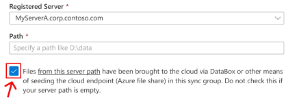 顯示 [建立伺服器端點精靈] 的 Azure 入口網站區段。反白顯示核取方塊，而其對應至使用資料來植入 Azure 檔案共用的案例。如果您將 AFS 連線至先前從中複製至「資料箱」的相同內部部署位置，則請核取此方塊。