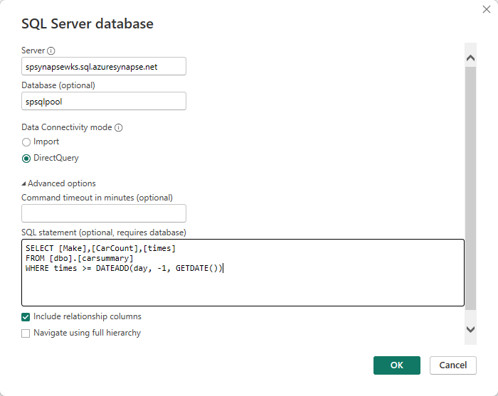 顯示 Power BI Desktop 設定以連線至 Azure Synapse SQL 資料庫 的螢幕快照。