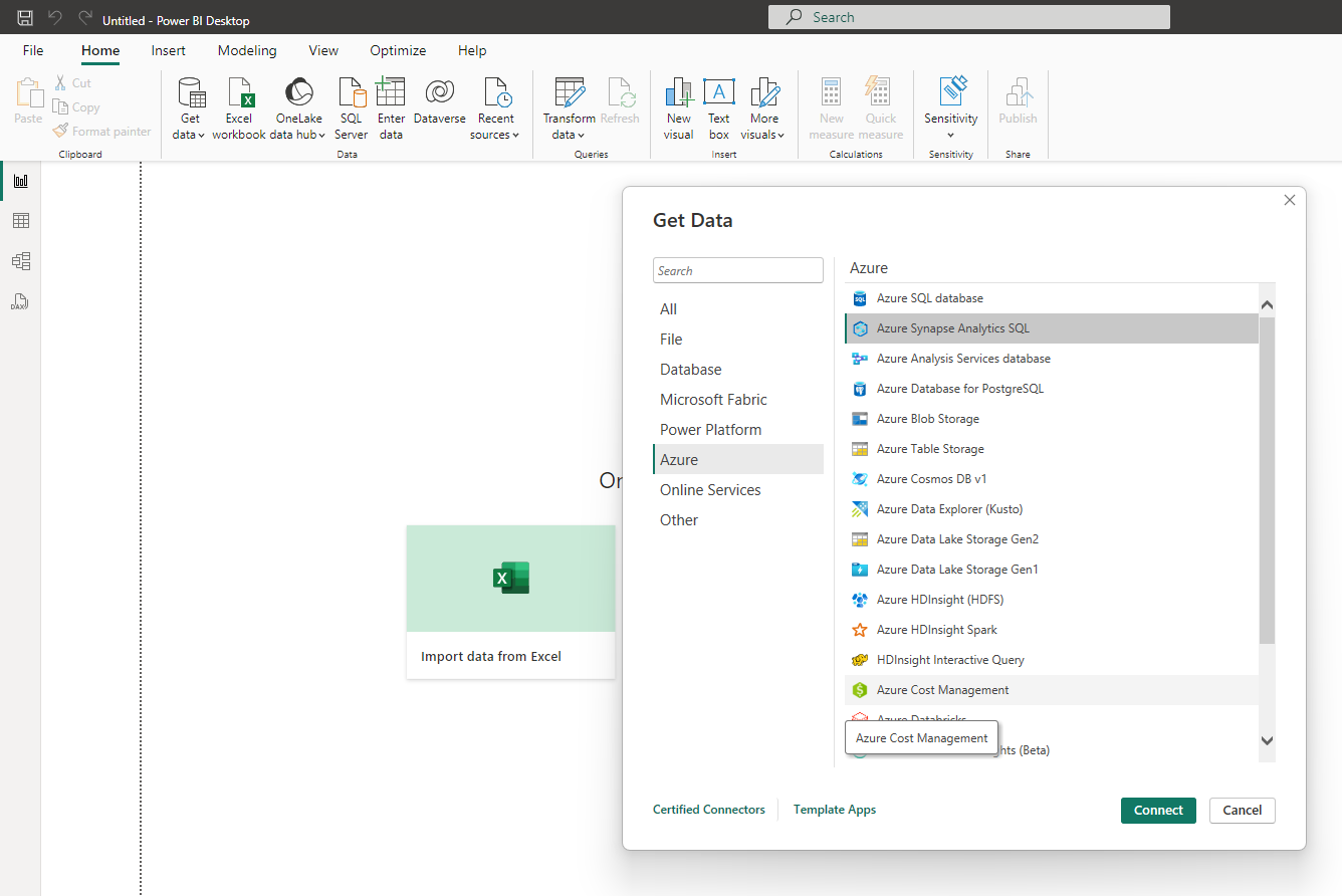 此螢幕快照顯示已選取 Azure 和 Synapse Analytics SQL 的 Power BI Desktop。