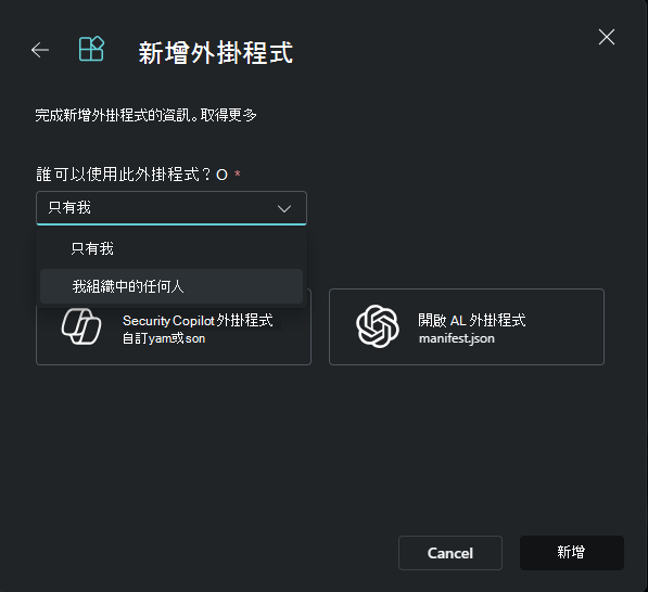 有張截圖顯示以擁有者身份新增外掛。