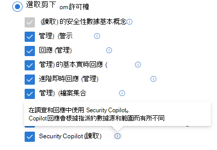 自訂 Defender 全面偵測回應角色的截圖，啟用了 Security Copilot 安全操作。