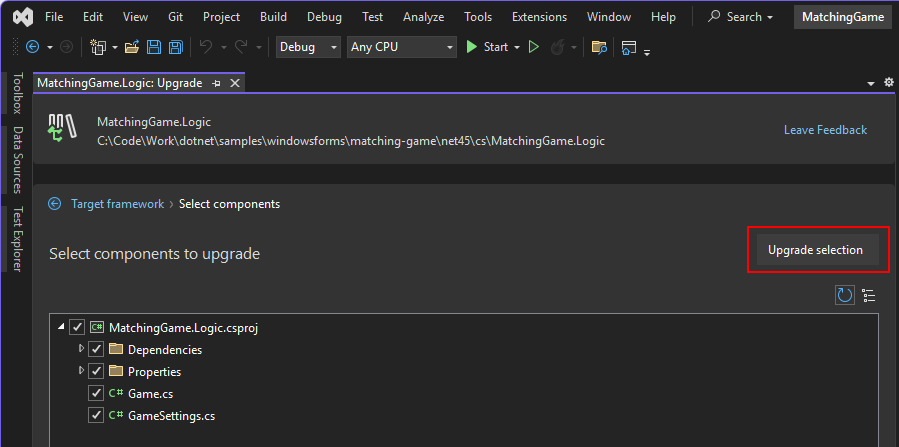 .NET 升級助理的螢幕快照。[選取元件] 頁面已開啟，[升級選擇] 按鈕被醒目提示。
