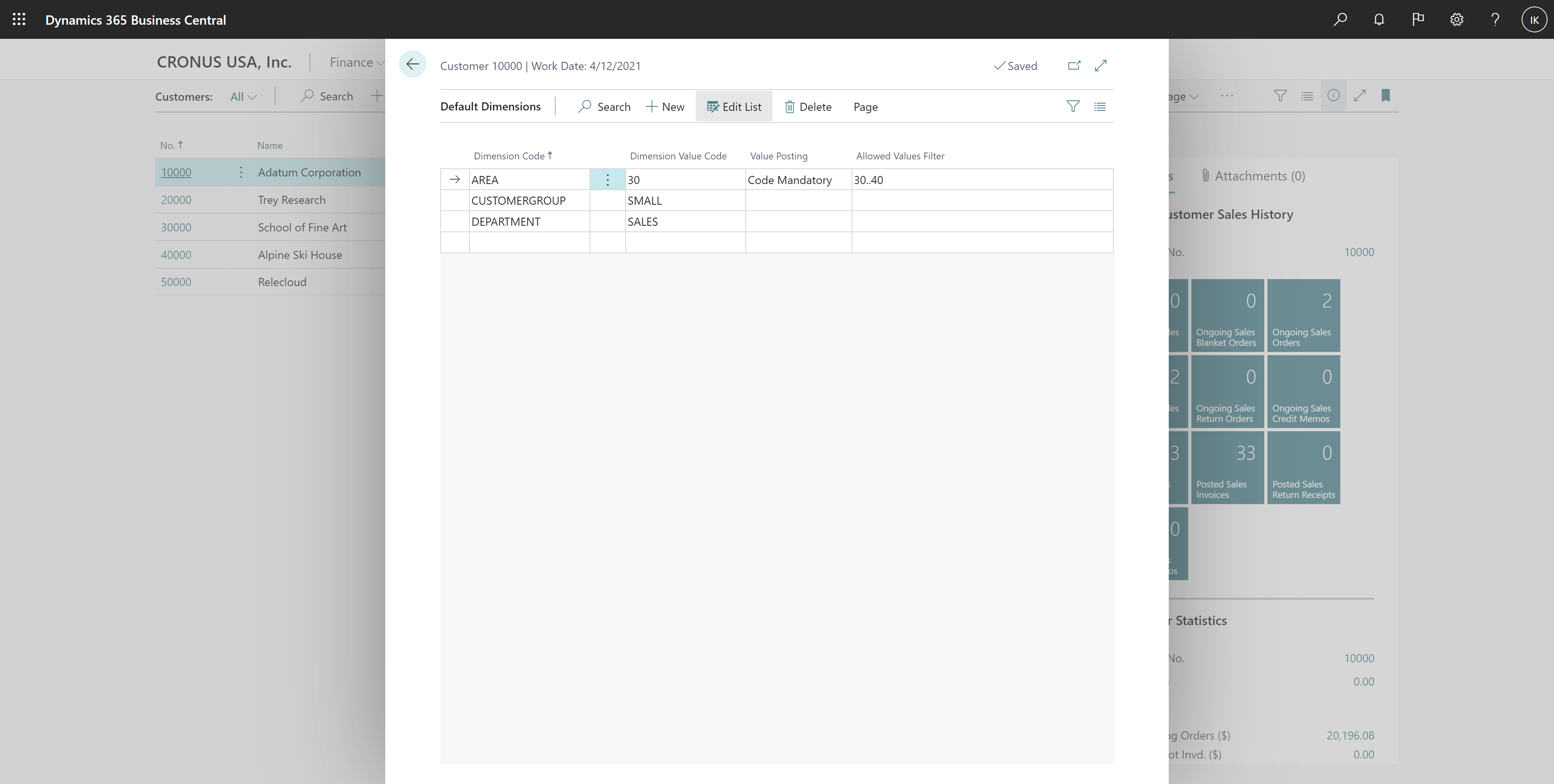 Shows Allowed Dimensions Filter column on customer's Default Dimensions page