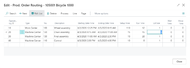 Production Order Routing line with Lot Size