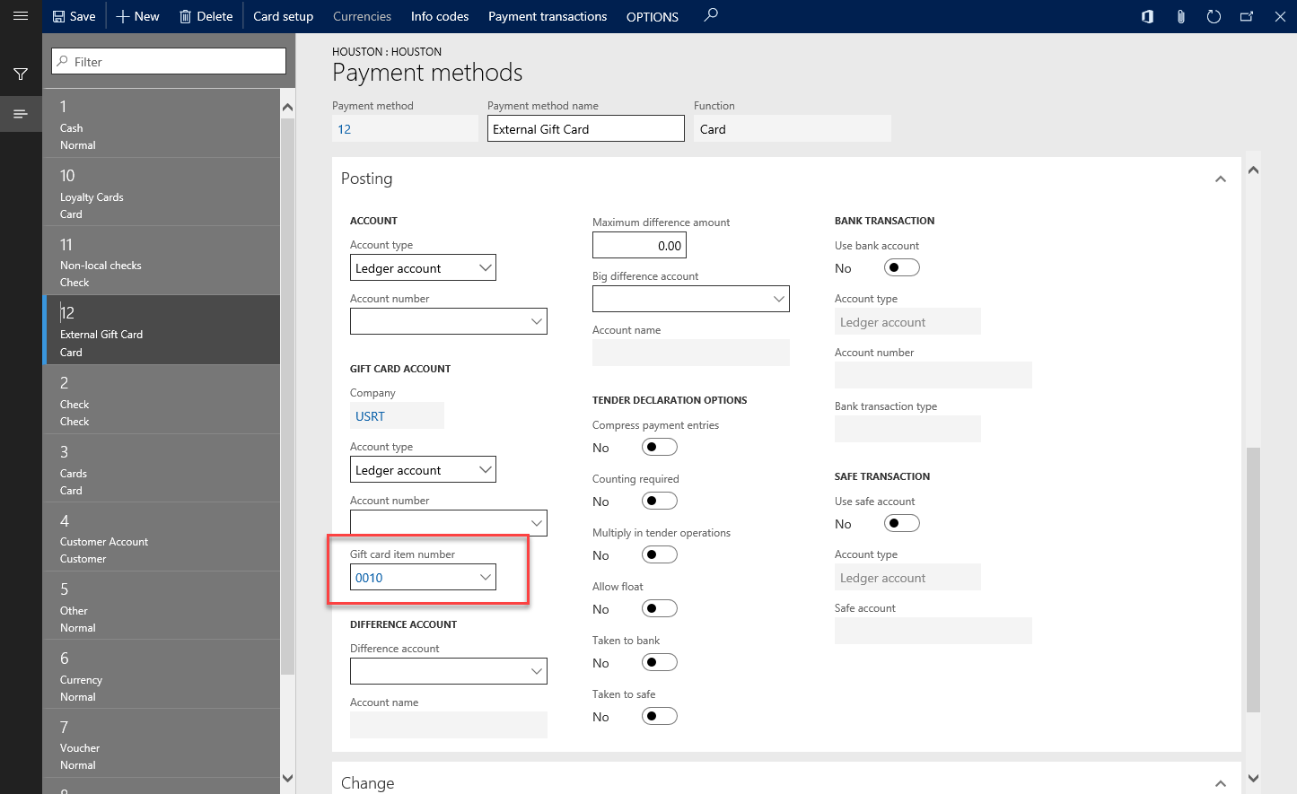 Setting the Gift card item number field.