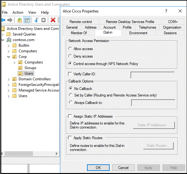 Active Directory 使用者和電腦的使用者屬性中的撥入索引標籤