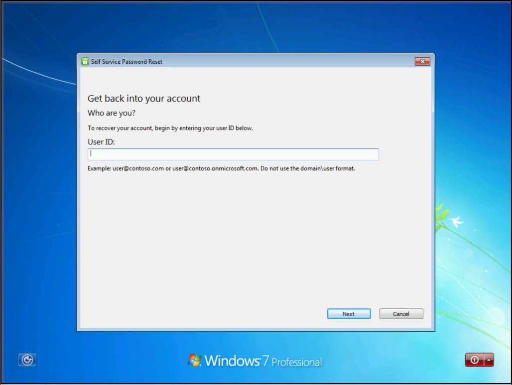 在 Windows7 中按下「忘記密碼？」的範例SSPR 流程