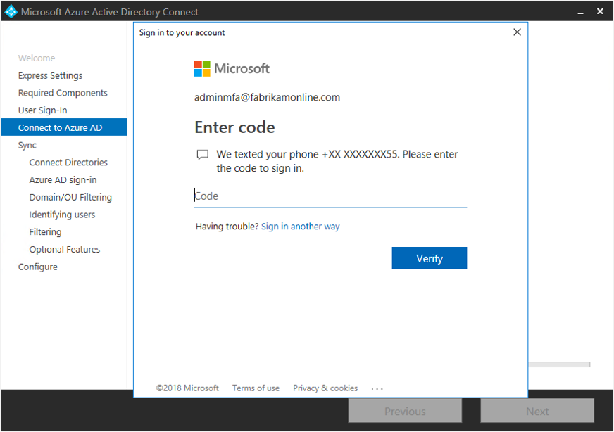 顯示 [連線至 Microsoft Entra ID] 頁面的螢幕擷取畫面。多重要素驗證欄位會提示使用者輸入驗證碼。