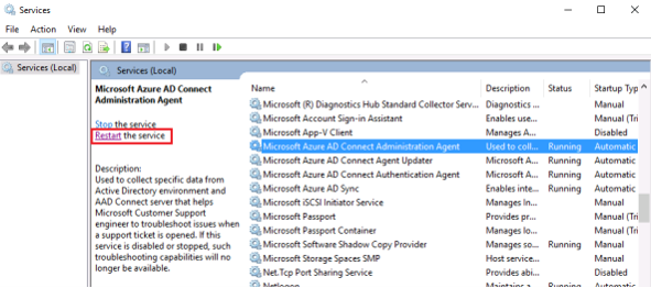 顯示如何重新啟動 Microsoft Entra Connect 管理代理程式服務的螢幕擷取畫面。