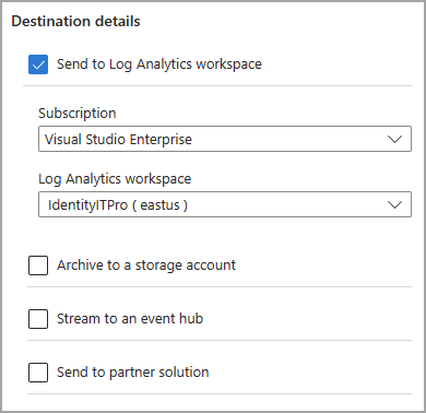 Screenshot of the destination options in diagnostic settings.