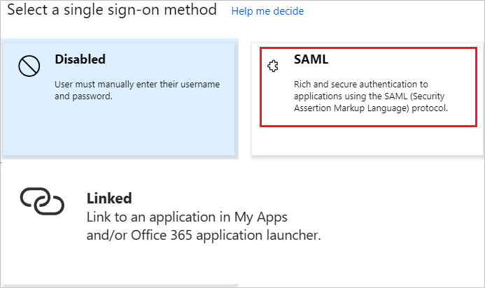 選取單一登入方法的螢幕擷取畫面，其中已醒目提示 SAML