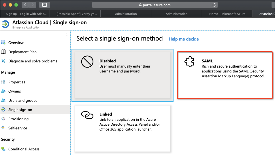 Azure 中的 SAML