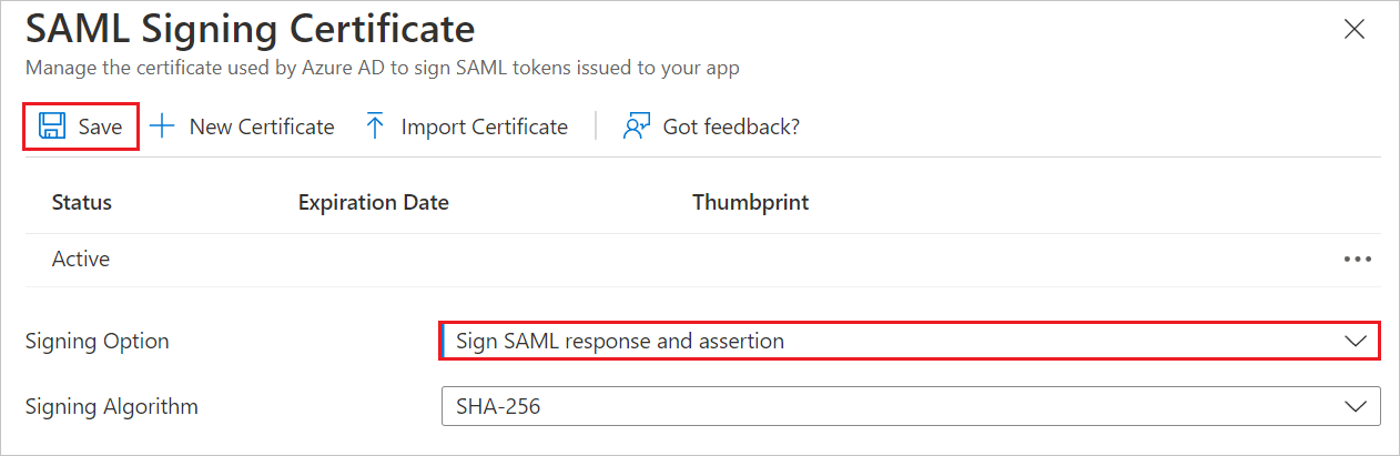 [SAML 簽署憑證] 頁面的螢幕擷取畫面。