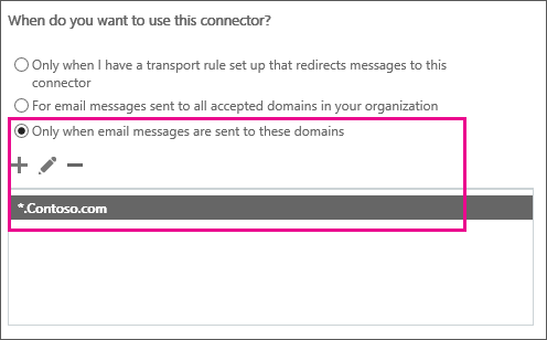 顯示連接器精靈頁面：您何時要使用此連接器？已選取第三個選項。此選項為：只有在電子郵件訊息傳送至這些網域時。指定的網域包含通配符。*.contoso.com 已新增。