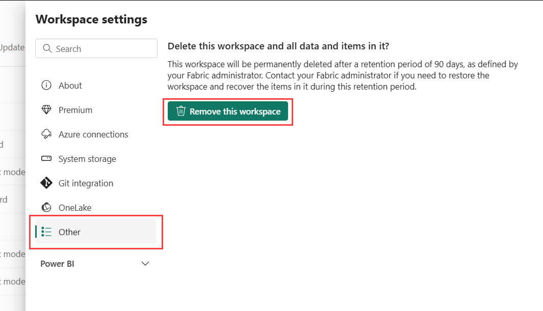 此螢幕快照顯示移除工作區的對話。