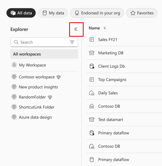 Screenshot of the OneLake data hub Explorer pane.