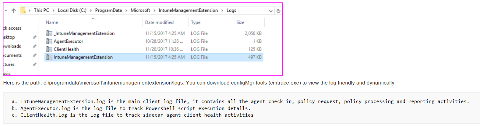 Microsoft Intune 中 Cmtrace 代理程式記錄的螢幕快照或範例