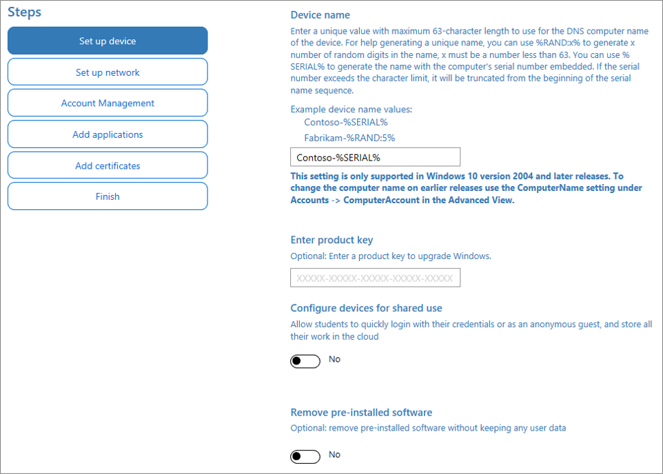 在 Windows 設定設計工具應用程式中指定名稱和產品金鑰的螢幕快照