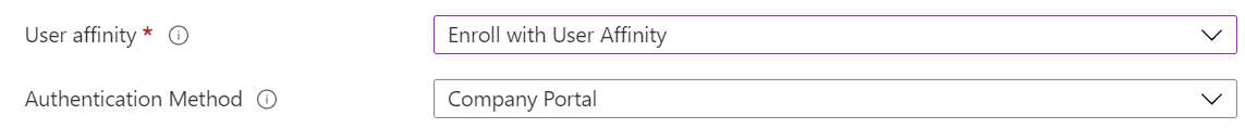 在 Intune 系統管理中心和 Microsoft Intune 中，使用自動裝置註冊來註冊 iOS/iPadOS 裝置 (ADE) 。選取 [使用使用者親和性註冊]，並使用公司入口網站應用程式進行驗證。