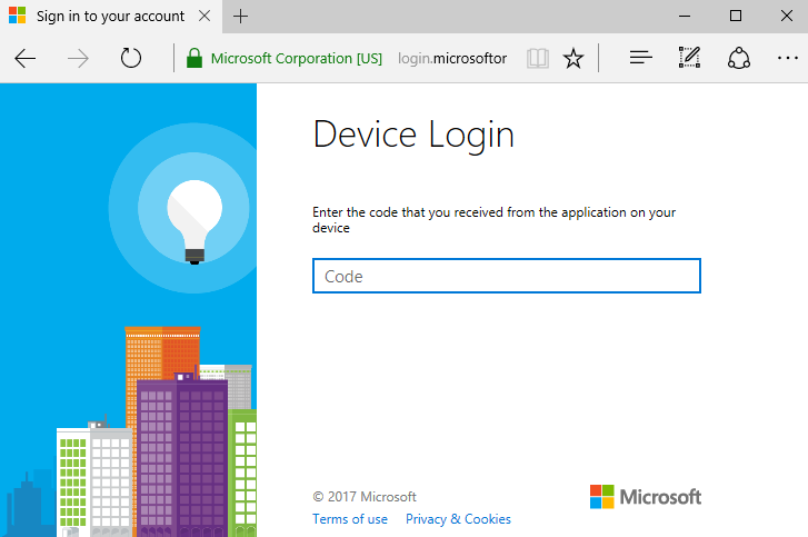 使用者在其工作電腦上瀏覽器的影像，而非其公司入口網站應用程式。顯示的 [裝置登入] 頁面會提示使用者輸入他們在公司入口網站應用程式中收到的程式碼。