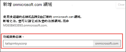 [新增 onmicrosoft 網域] 頁面的螢幕快照。