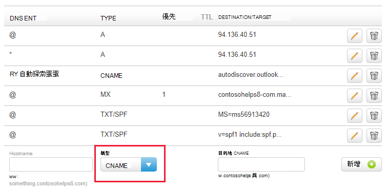 從下拉式清單中選取 CNAME 類型，然後填入值。