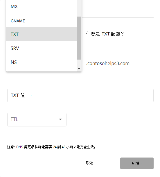 從網域驗證 TXT 記錄的 [類型] 下拉式清單中選取 [TXT]。