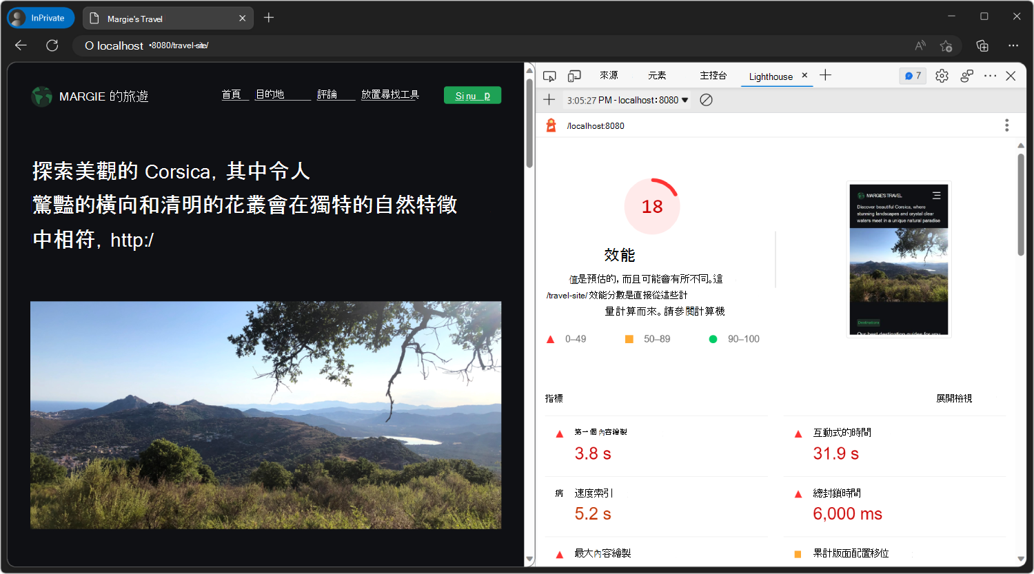 關於 InPrivate 視窗中 Lighthouse 工具的報告