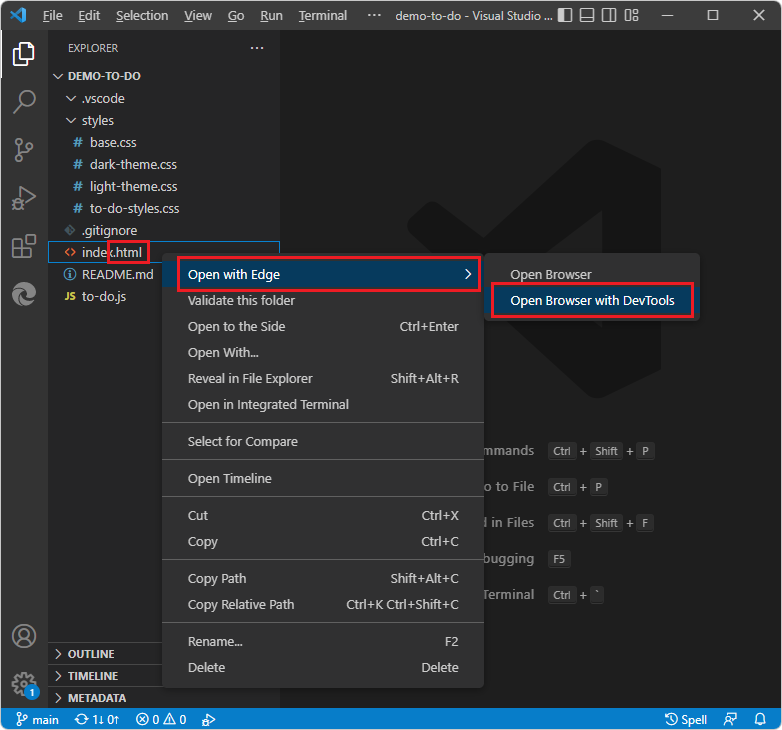 以滑鼠右鍵按兩下總管中的 HTML 檔案,以 Edge 開啟它,無論是否使用 DevTools