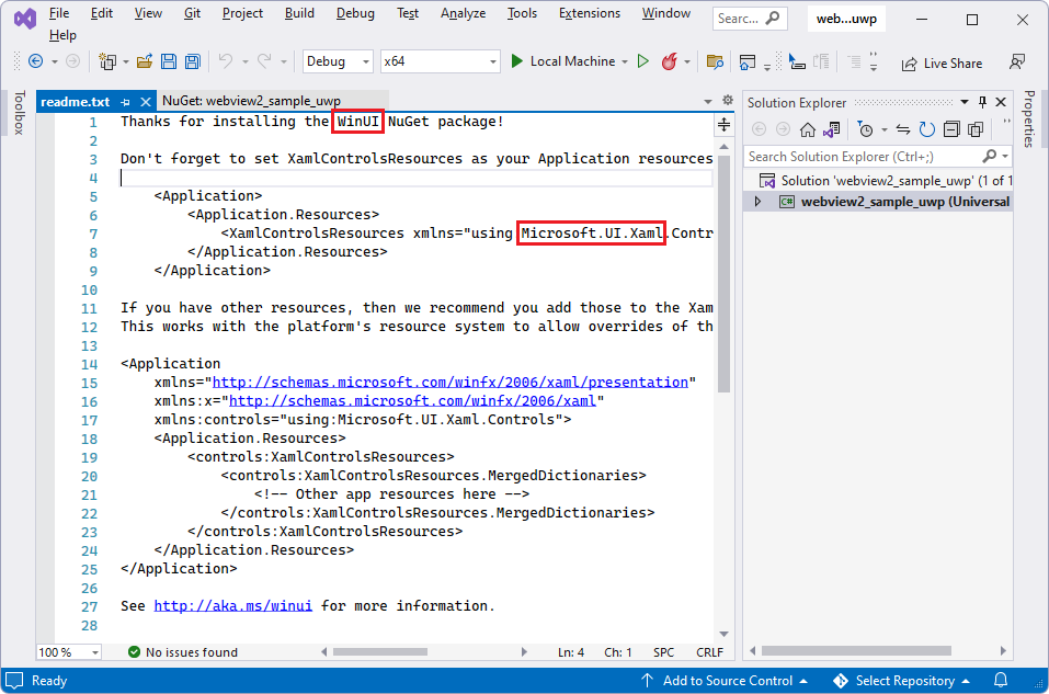 安裝 Microsoft.UI.Xaml 套件後，readme.txt 檔案會顯示你安裝了 WinUI NuGet 套件