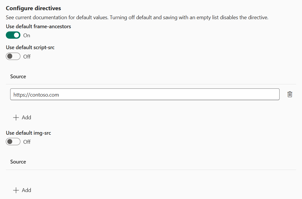 Screenshot of CSP directives configured in different states