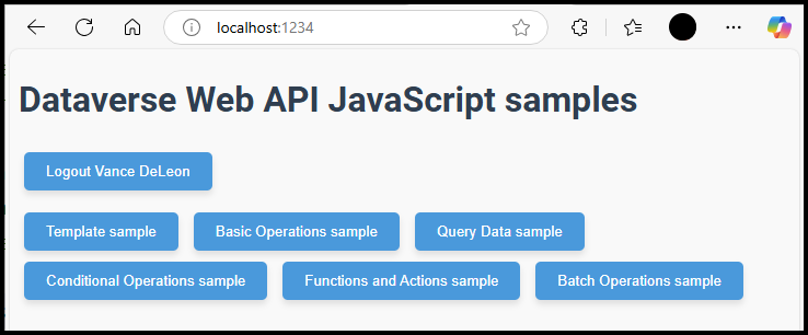 The SPA sample application with buttons to run available samples