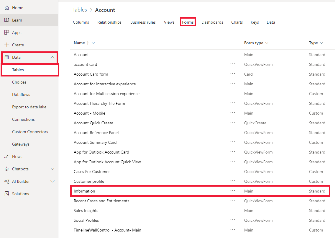 Select form from list.