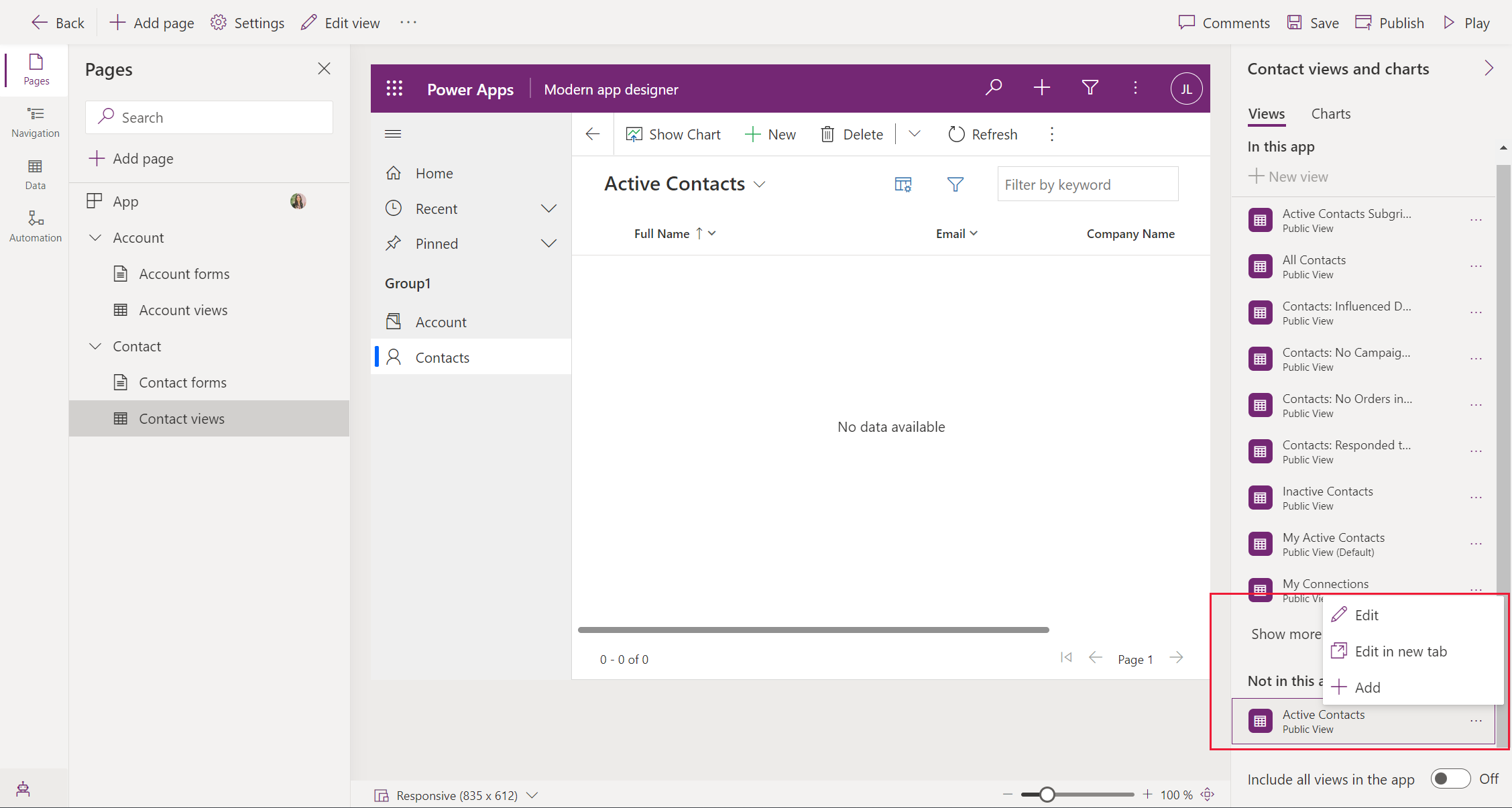 選取要新增至應用程式的檢視。