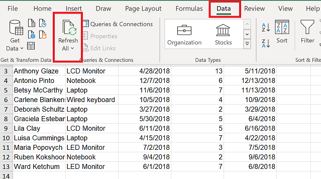 在 Excel 中重新整理應用程式資料。