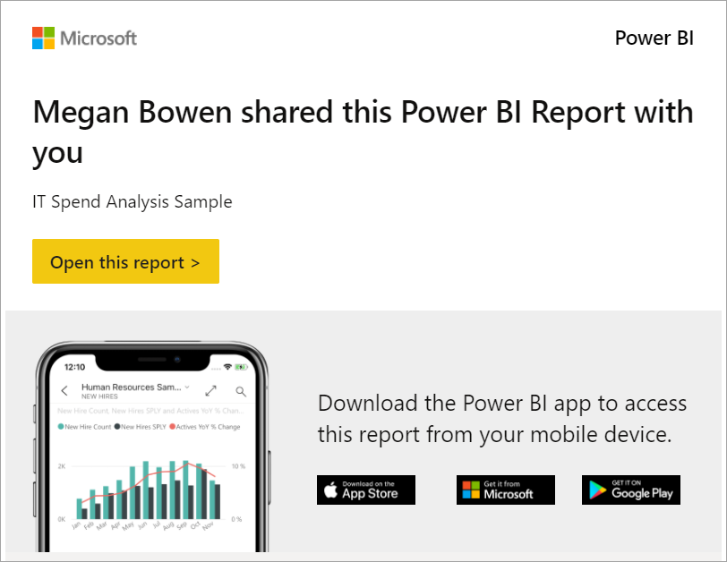 Screenshot of the message that a Power BI report was shared, a link to the report, and options for downloading the Power BI mobile app.