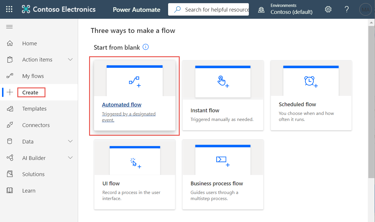 螢幕擷取畫面，其中顯示 Power Automate > 建立自動化雲端流程畫面。