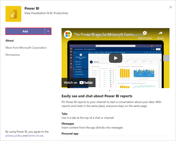 Teams 頁面的螢幕擷取畫面，其中顯示 Power BI 圖示和 Power BI 的教學課程影片。已選取 [新增] 按鈕。