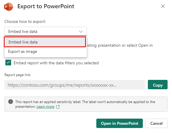 Power BI 報表內嵌實時數據選項的螢幕快照。