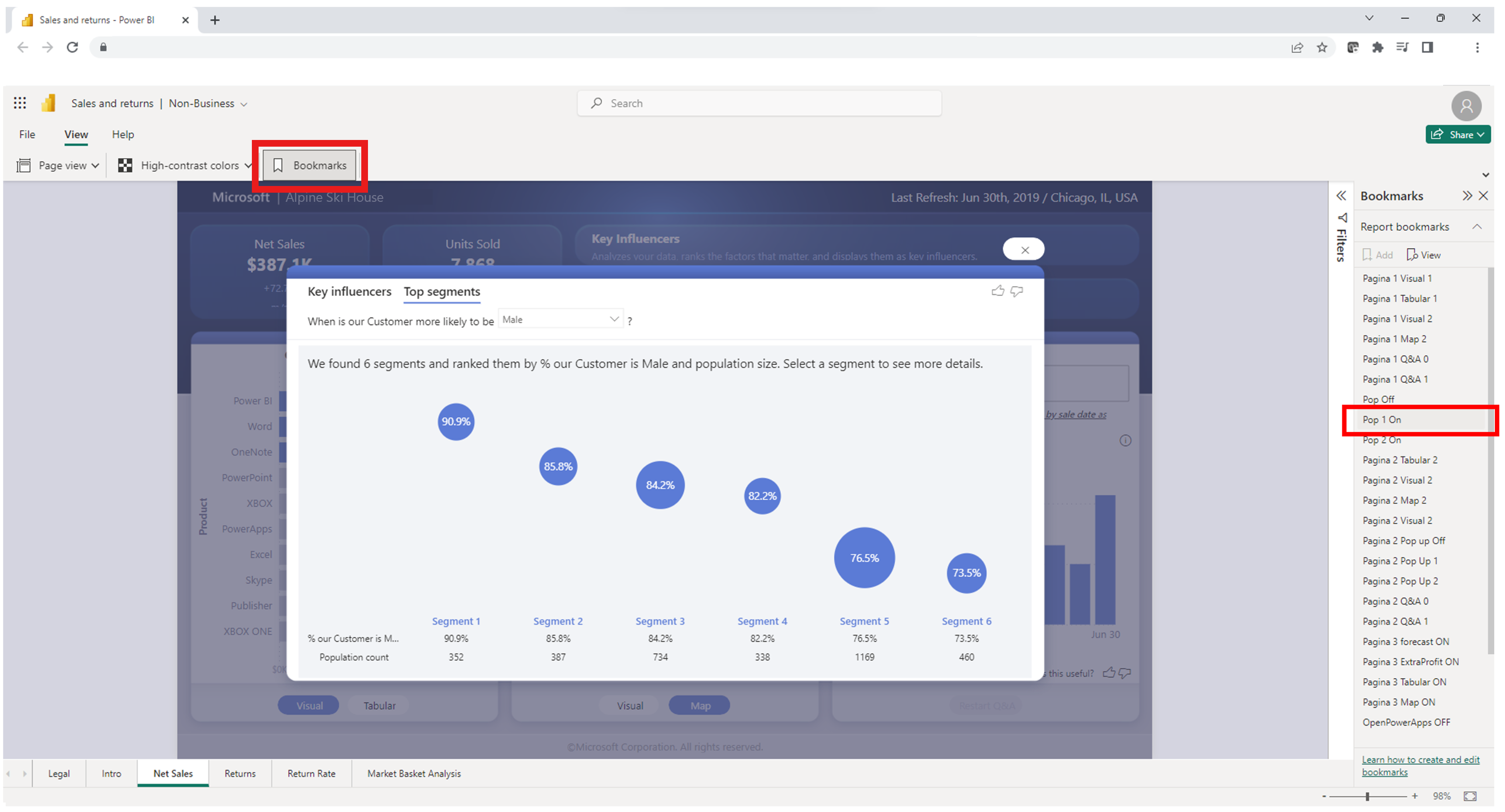 螢幕擷取畫面:瀏覽器內 Power BI 檔案中的書籤。