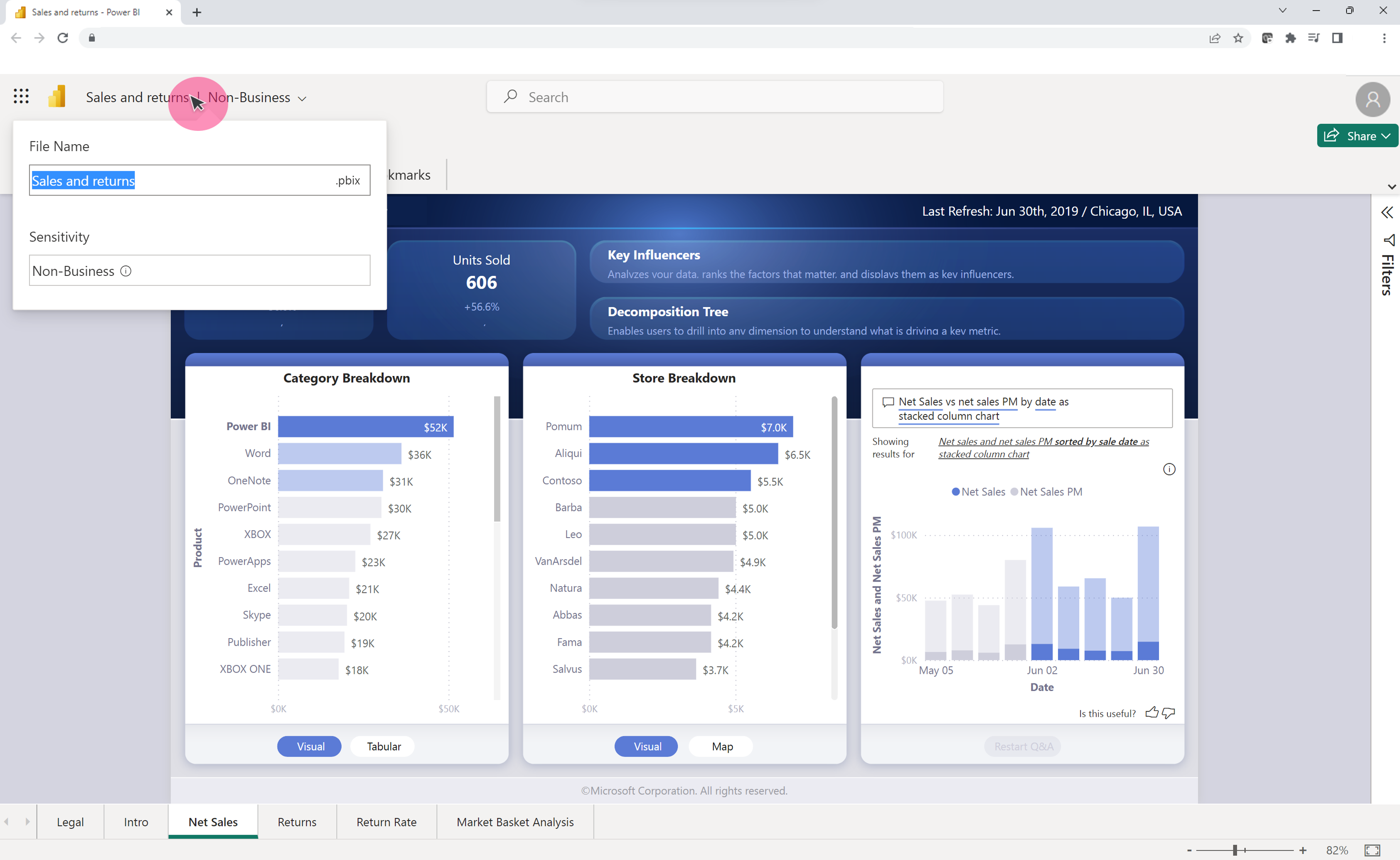 重新命名 Power BI 檔案的螢幕擷取畫面。