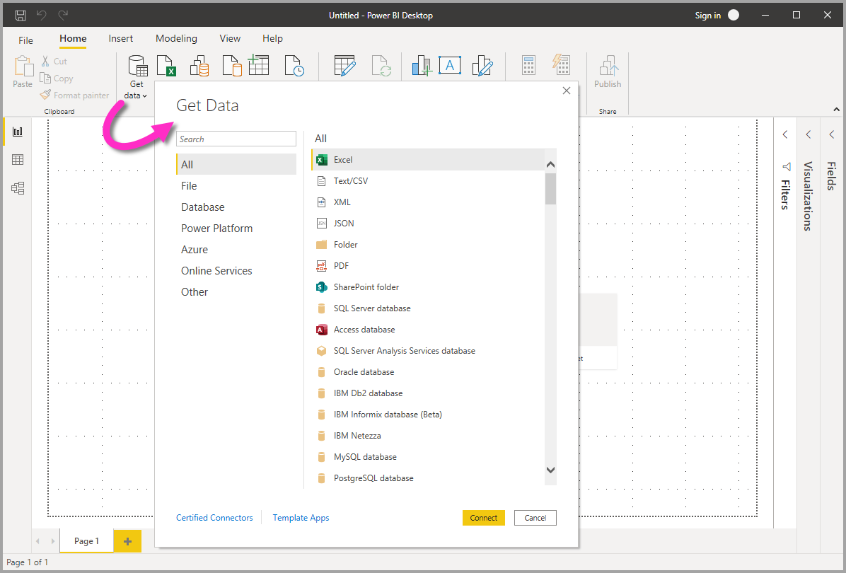 顯示 Power BI Desktop 中 [取得資料] 圖示和 [取得數據] 對話框的螢幕快照。