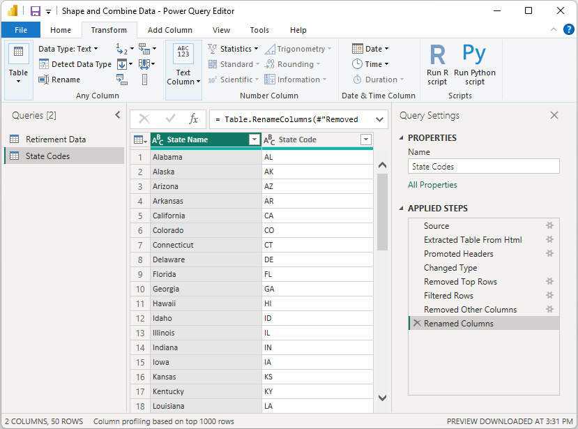 Screenshot of Power Query Editor window showing the results of shaping state codes source data into a table.