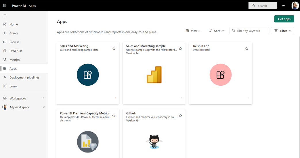 主要窗格中 Power BI 應用程式頁面的螢幕擷取畫面。