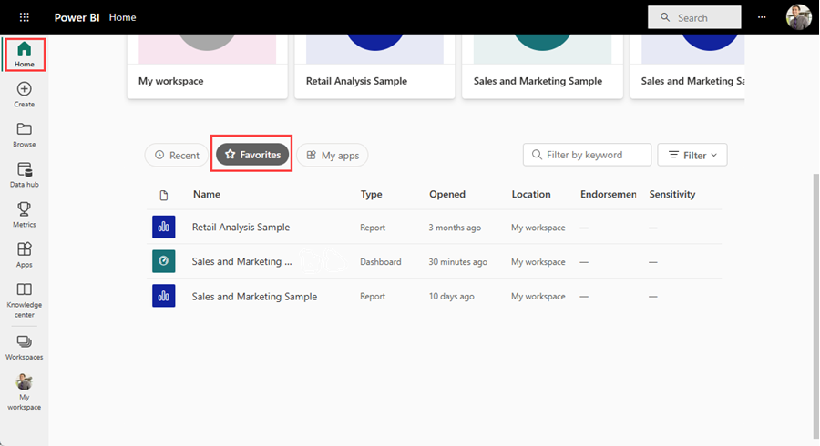 醒目提示 [我的最愛] 的主要 Power BI 頁面螢幕快照。