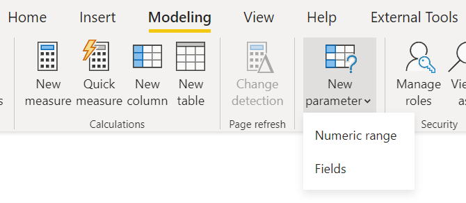 模型功能區的螢幕快照，其中顯示 [新增參數] 下拉式清單底下的選項。